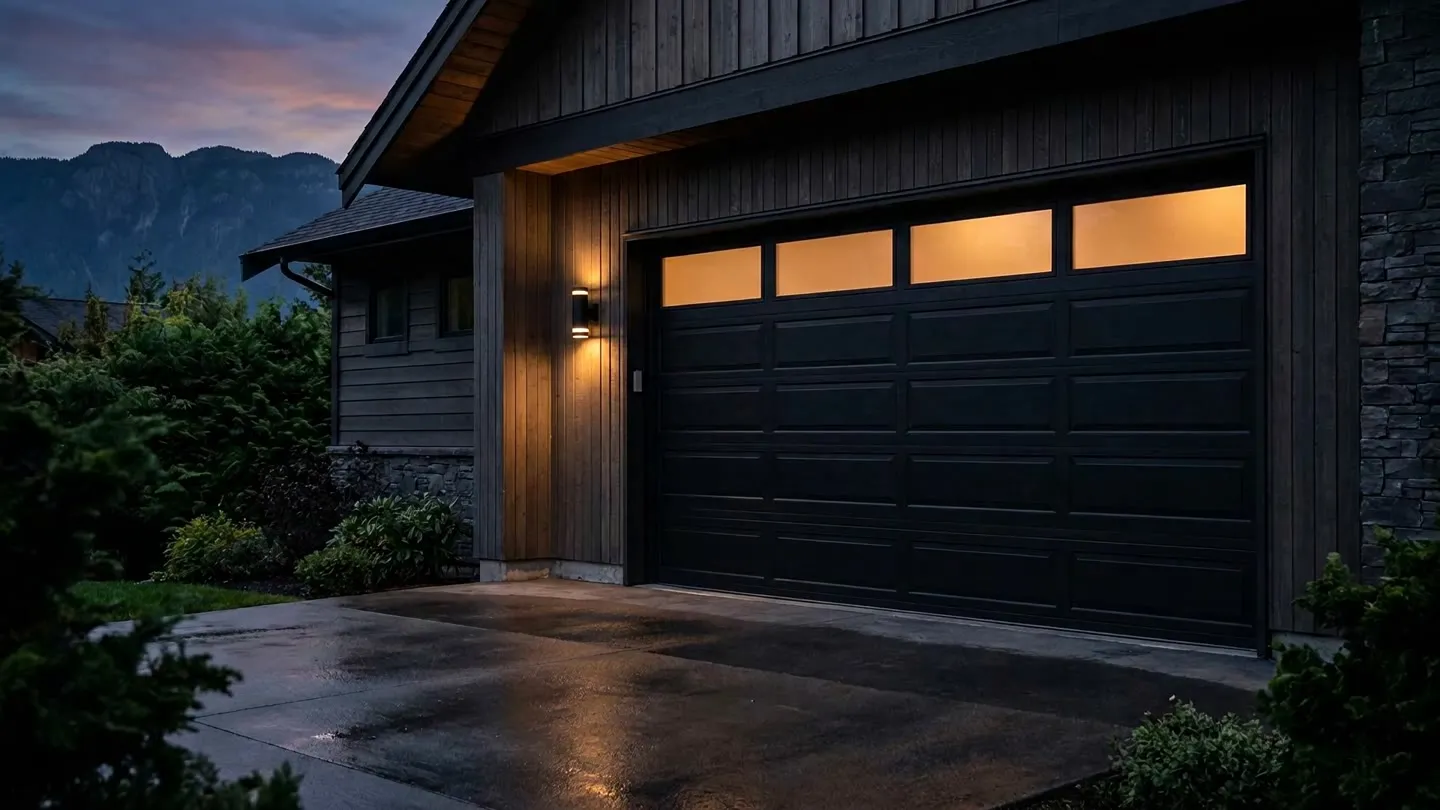 A closed black raised-panel garage door with a row of glowing windows on a dark wood-sided home at dusk, mountains behind and a wet driveway in front